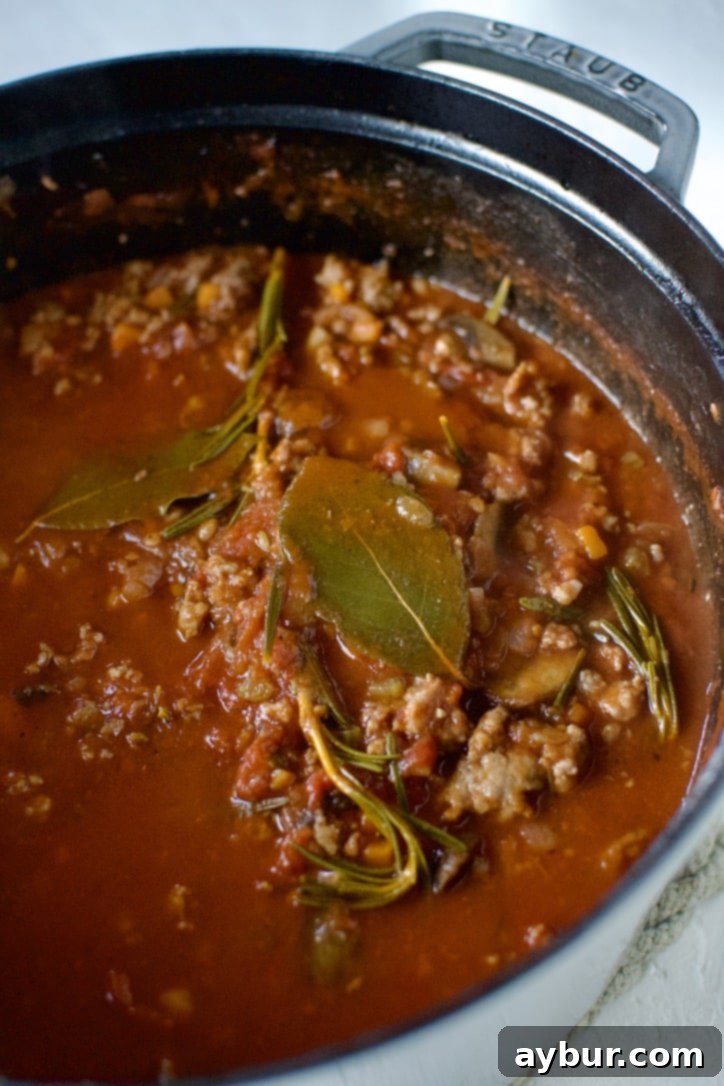 A close-up view of the rich, red Bolognese sauce simmering in a large pot, with chunks of sausage, cooked vegetables, and visible herbs, creating a deeply flavorful and aromatic concoction.