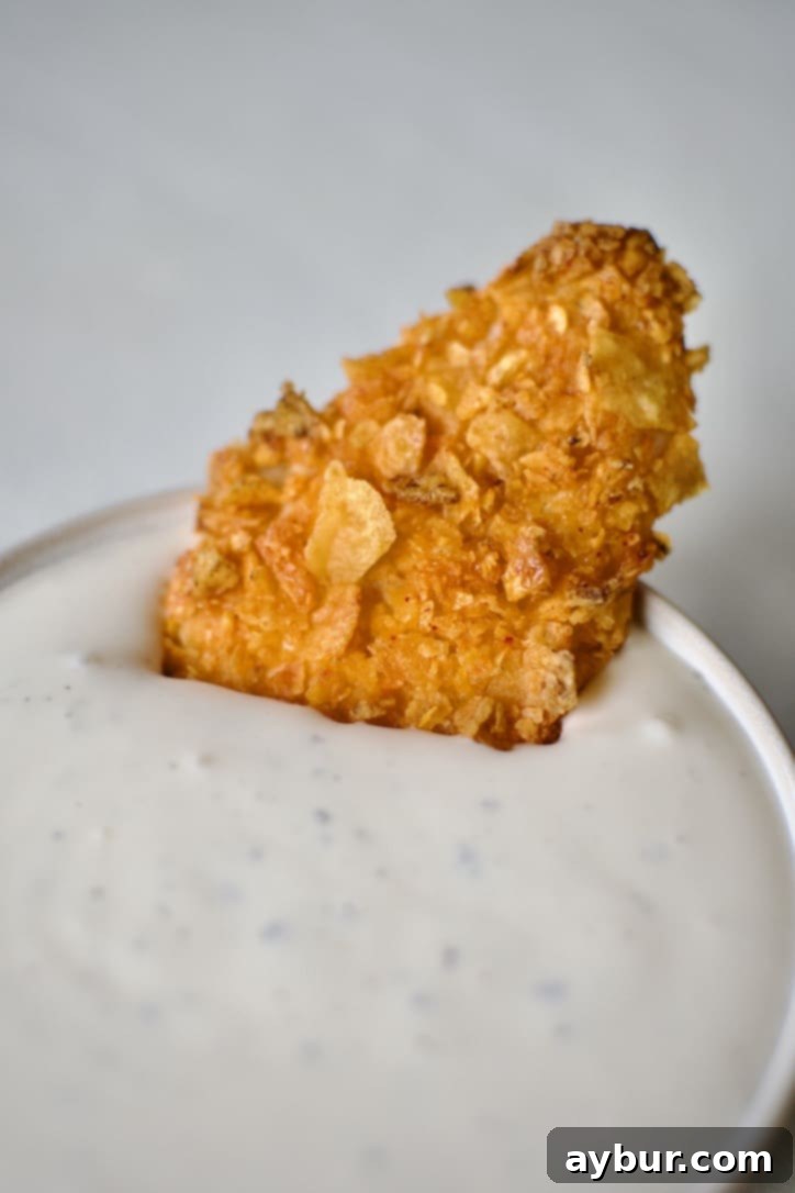 Golden-brown Dorito Chicken tenders being dipped in creamy ranch dressing.