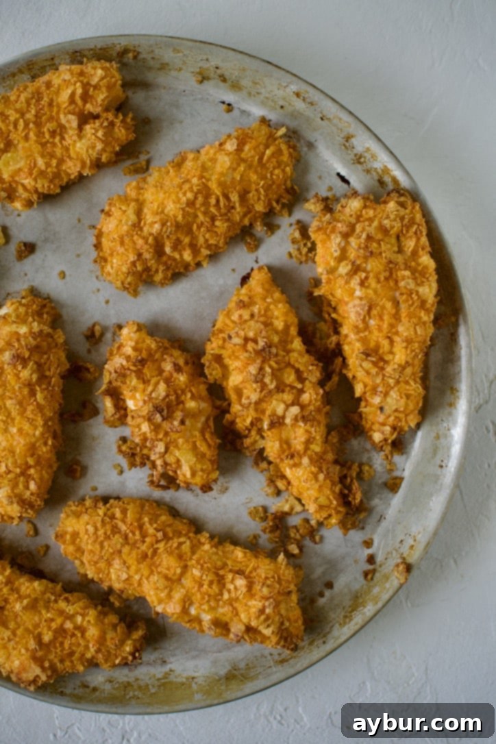 Freshly baked Dorito Chicken tenders, golden brown and crispy, arranged on a baking sheet straight out of the oven.