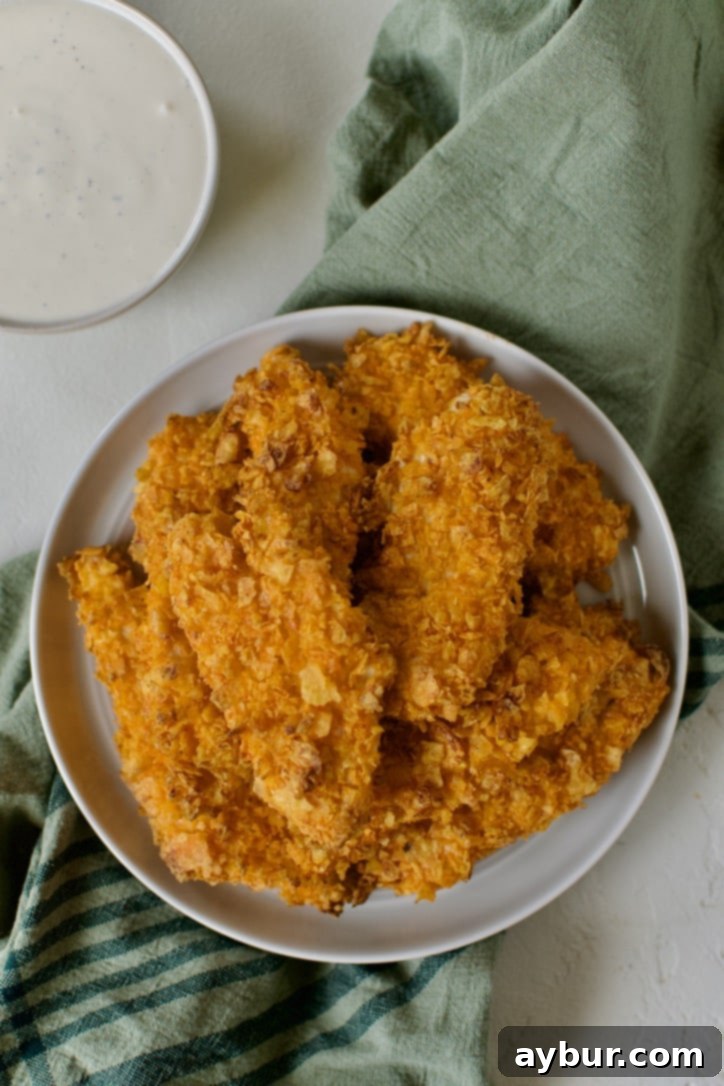 A second plate of golden Dorito Chicken tenders with ranch dressing on the side, showcasing the crispy coating.