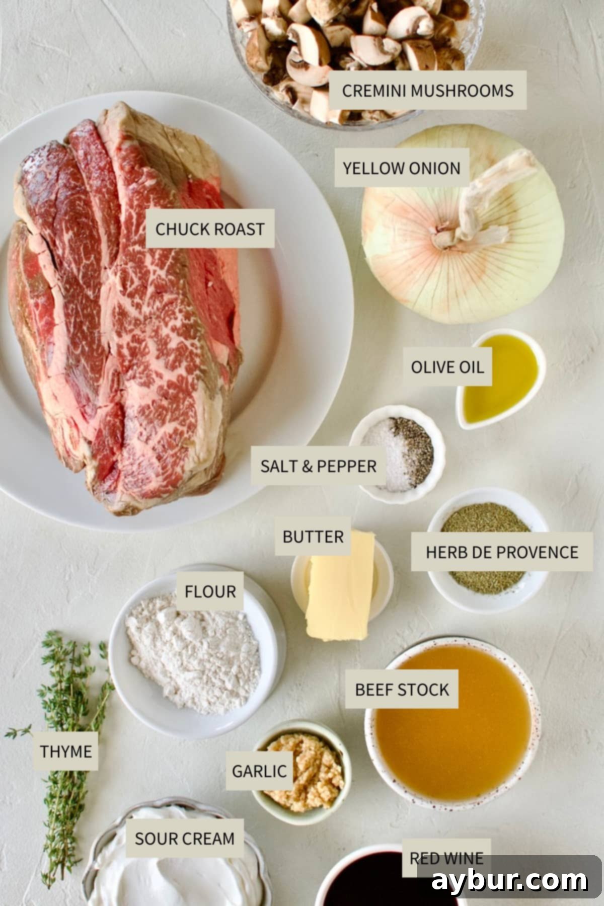 Ingredients needed to make Easy Beef Stroganoff.