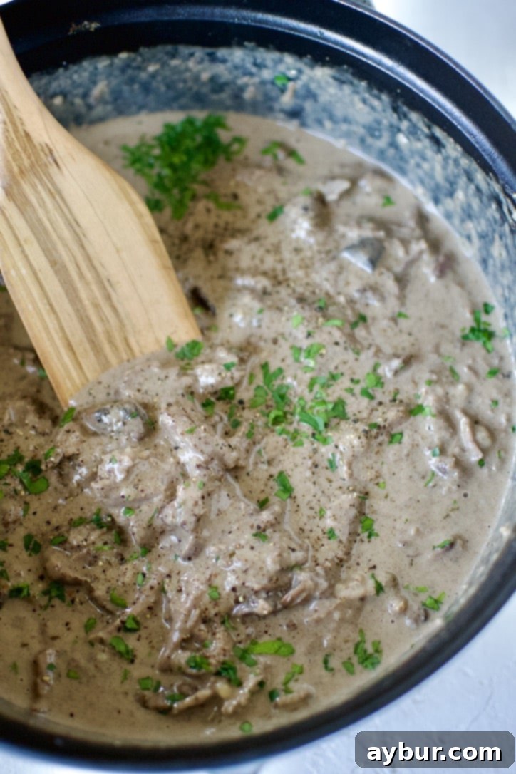 Finished beef stroganoff in the pot after adding the shredded beef back to it and stirring in the sour cream.