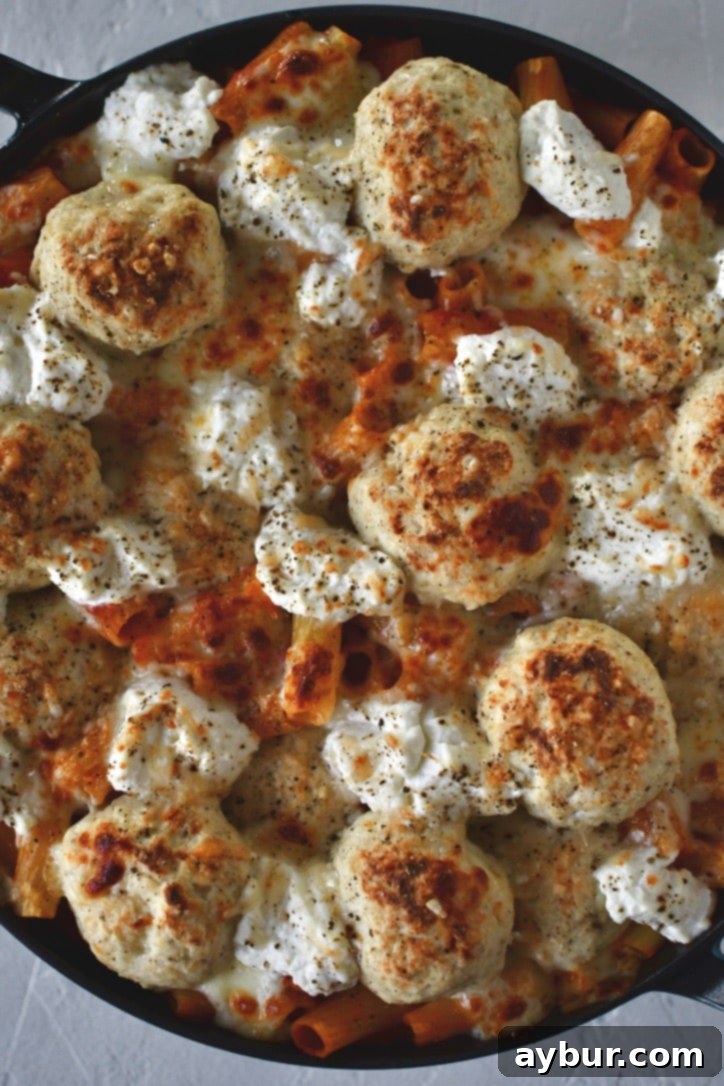 Flavorful Parmesan Chicken Meatballs 14 Close-up of baked Parmesan Chicken Meatballs with melted cheese and fresh basil garnish, in a skillet.