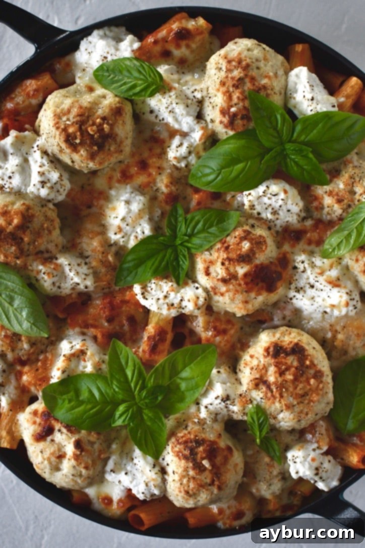 Flavorful Parmesan Chicken Meatballs 15 A generous serving of Parmesan Chicken Meatballs and pasta in a bowl, garnished with vibrant fresh basil.