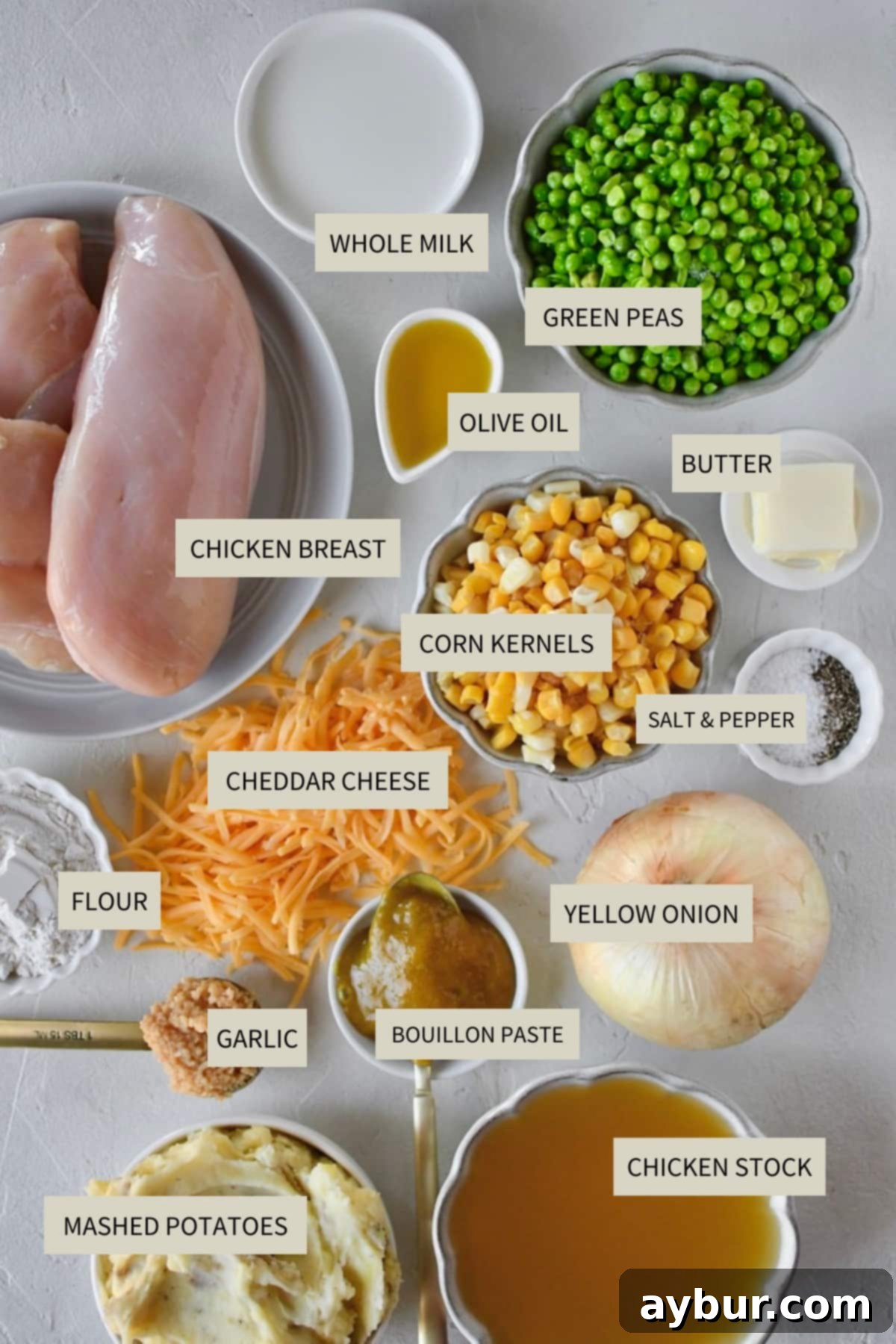Golden Chicken Mash Bake 3 Ingredients needed to make Chicken Shepherd’s Pie including chicken breasts, mashed potatoes, onion, garlic, peas, corn, milk, chicken stock, flour, butter, and cheese.