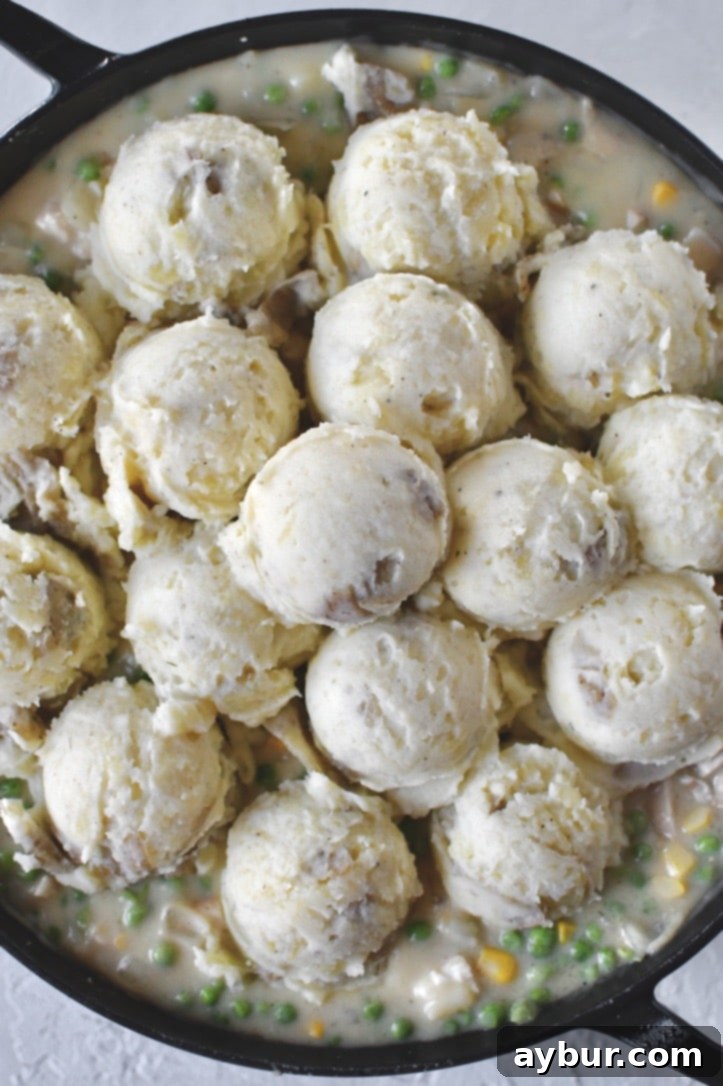 Golden Chicken Mash Bake 10 Mashed potatoes scooped and piled on top of the sauce to form the pie. Fluffy white potatoes covering the savory filling.