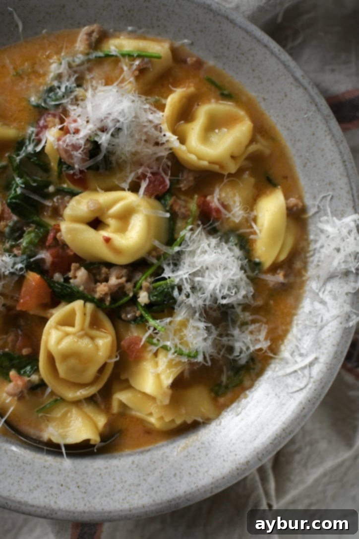 Creamy Sausage Tortellini Soup in a bowl with topped with finely shaved parmesan, ready to eat.