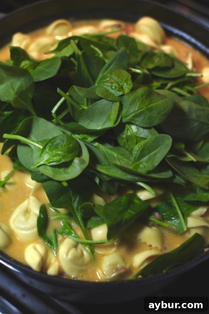 Adding the spinach to the pot.
