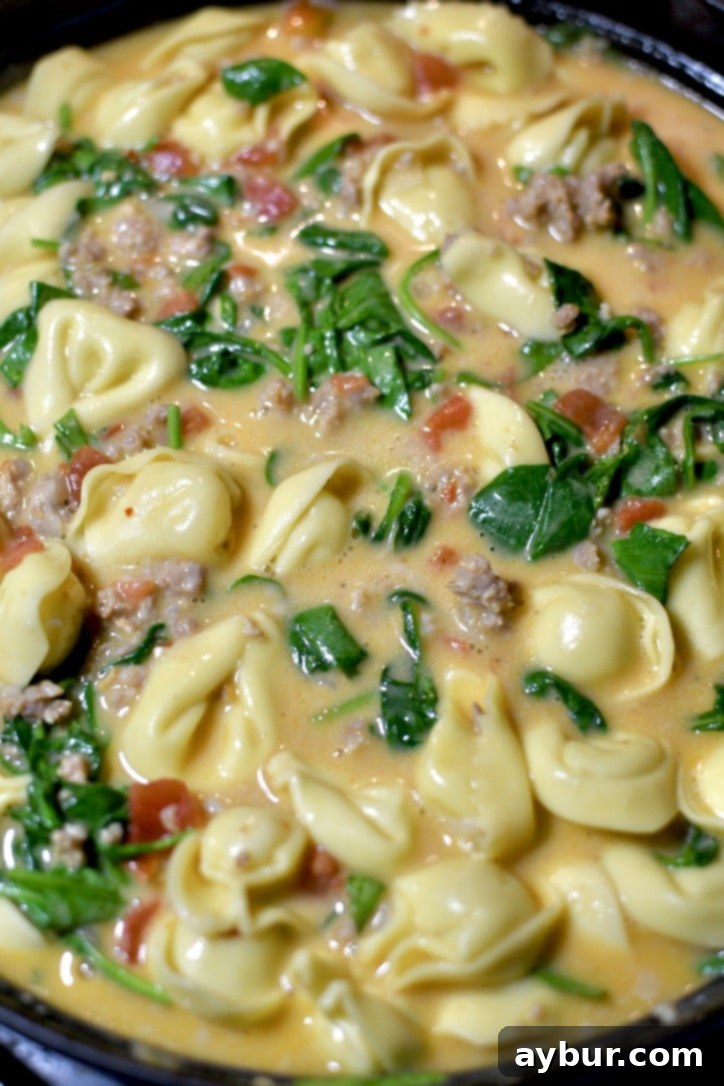 Finished Creamy Sausage Tortellini Soup in the pot ready to be bowled up.