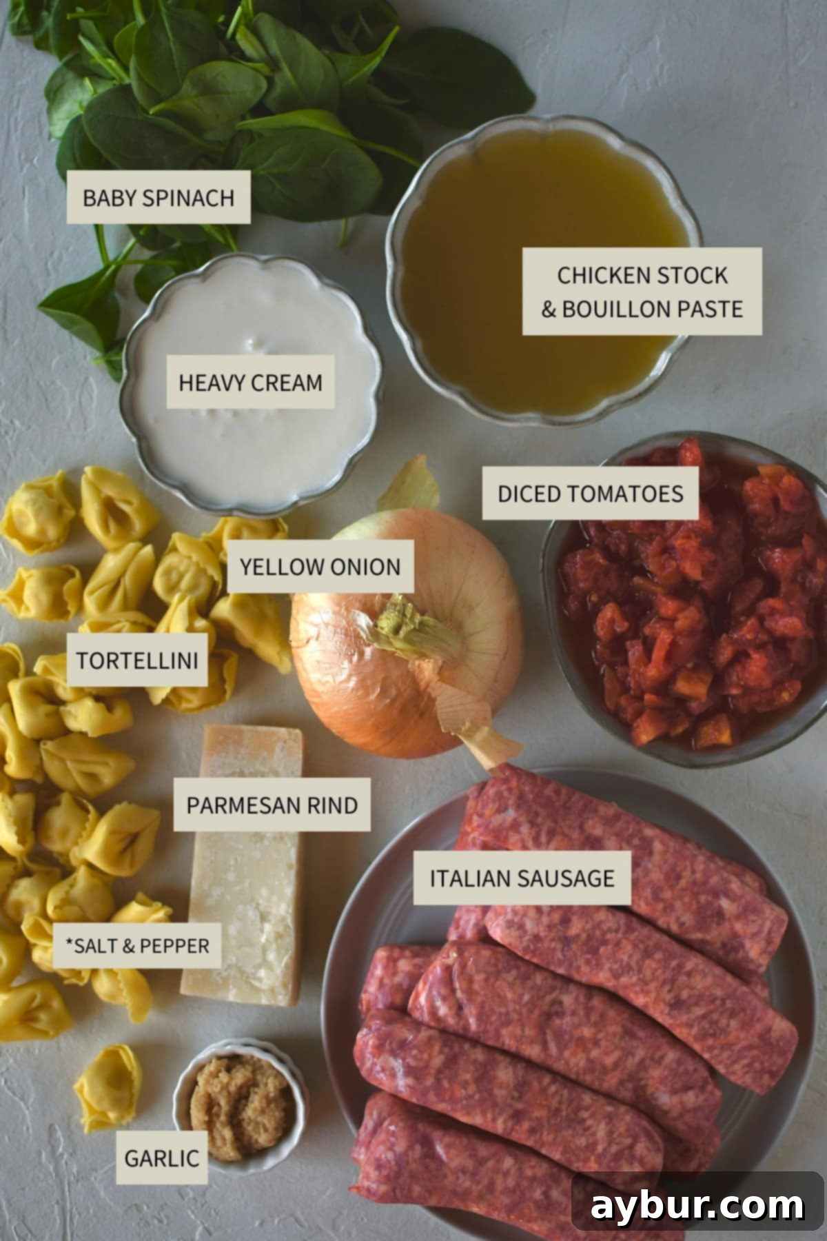 Ingredients needed to make Creamy Sausage Tortellini Soup.