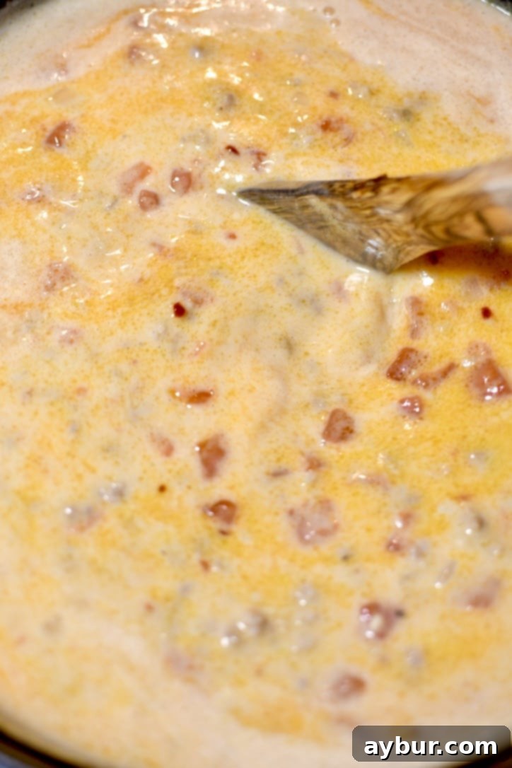 Cream added to the soup pot, stirring it in.