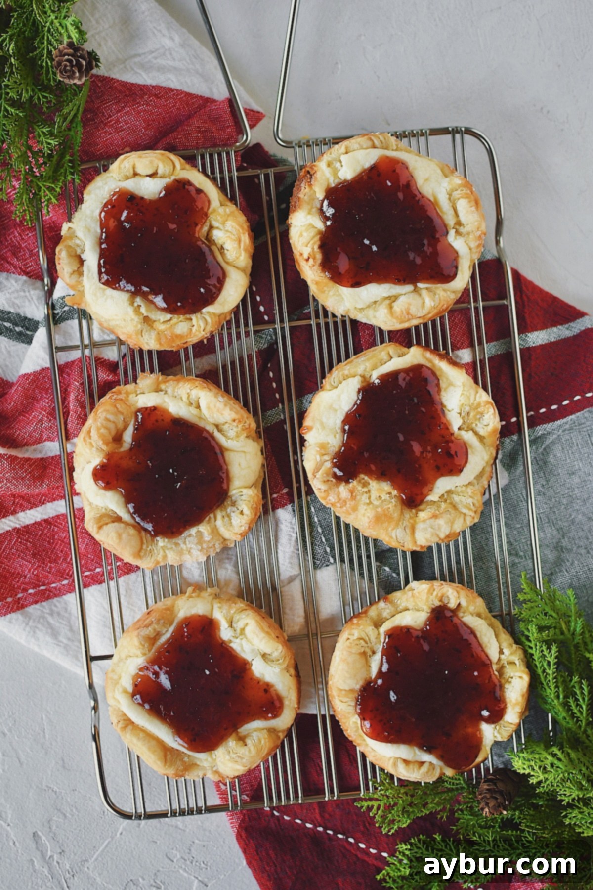 A beautiful close-up of a homemade Sugar Plum Cheese Danish, showcasing its flaky pastry, creamy filling, and glistening plum jam, cooling on a rack.