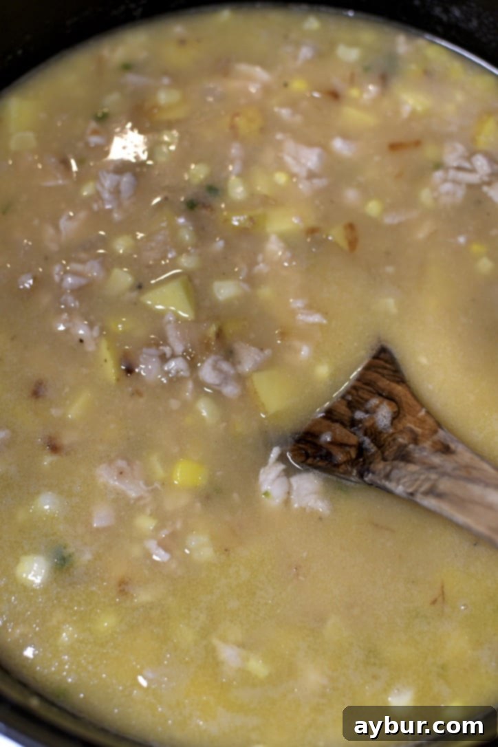 Chicken stock and bouillon paste poured into the pot, with diced potatoes added, simmering to tenderize the potatoes and build flavor.