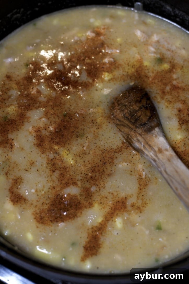 A sprinkle of Cajun seasoning being added to the simmering soup for an extra layer of flavor and a gentle spice.