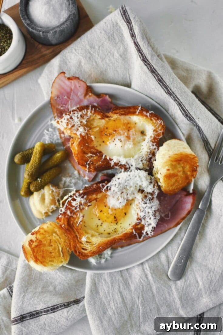 Eggy in a Basket served over a ham steak and topped with gruyere cheese.