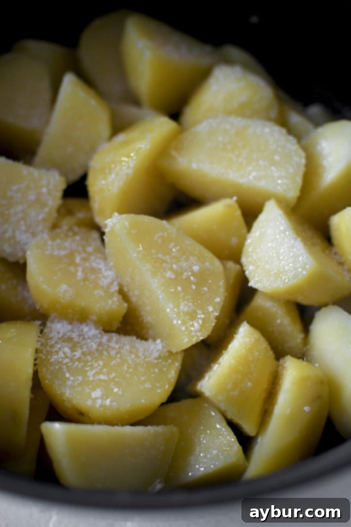 Addictively Crispy Roasted Potatoes 5 Boiled and seasoned potatoes, ready for the 'fuzzy' shake, showing some roughed-up edges.