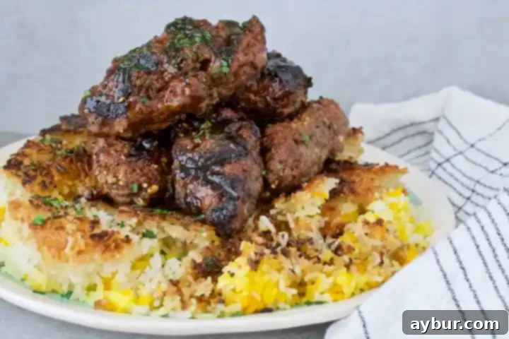 Plated Kefta Meatballs and Tahdig Rice