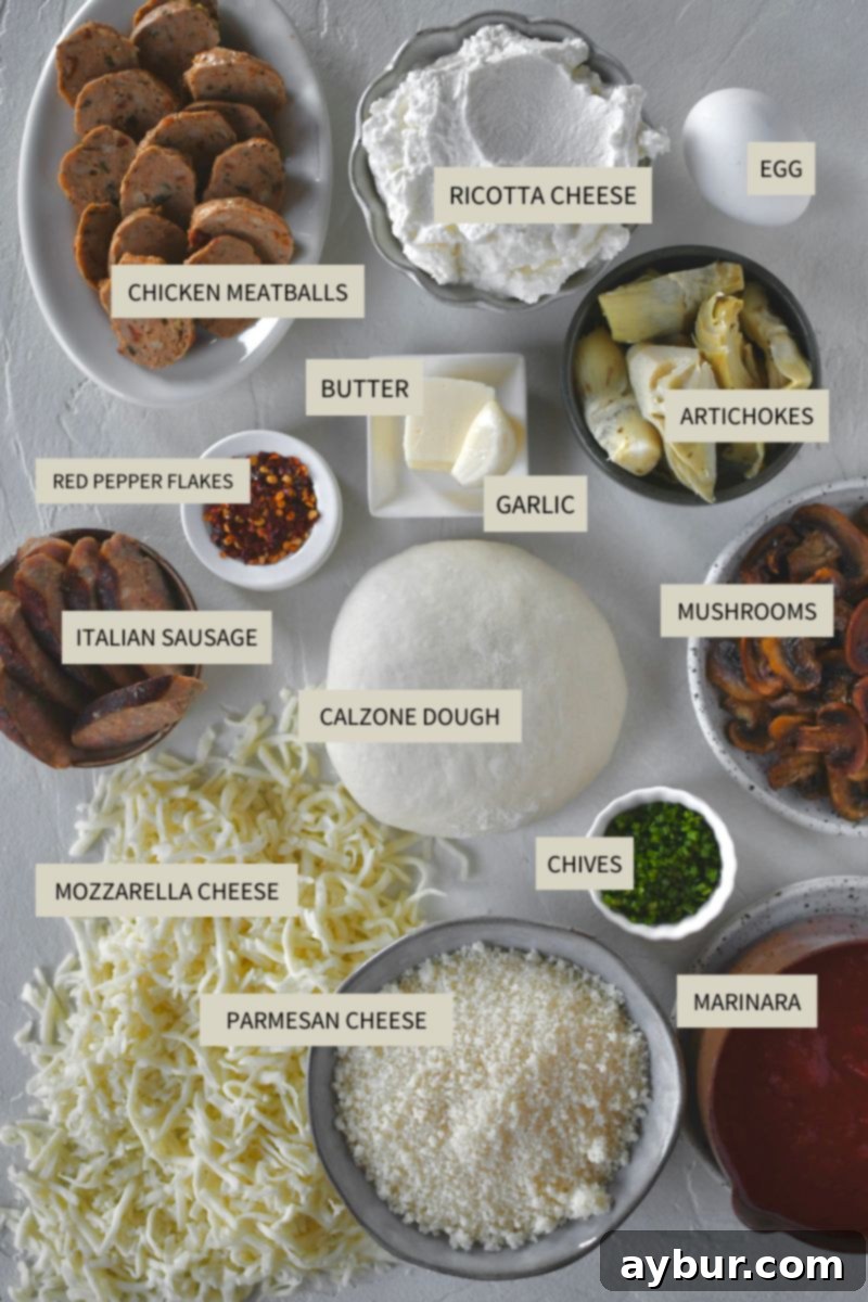 A vibrant selection of ingredients laid out for making delicious Homemade Calzone Recipe, including cheeses, sauce, and various toppings.