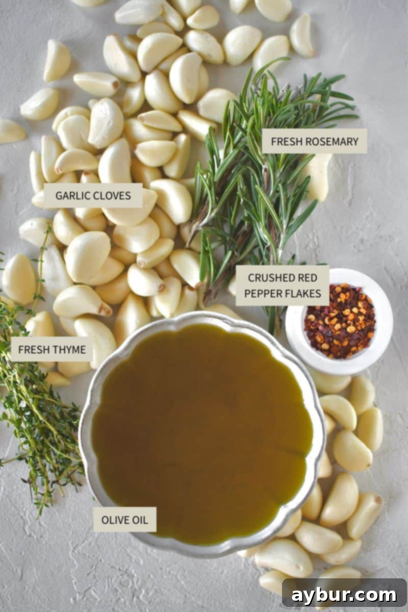 Velvety Garlic Confit 3 Ingredients laid out on a surface, including garlic cloves, a bottle of olive oil, and fresh herbs.
