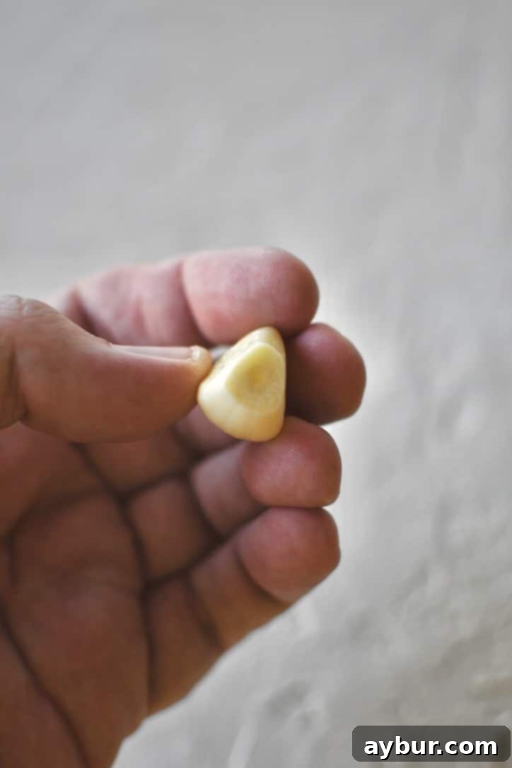 Velvety Garlic Confit 5 Individual garlic clove after the tough root end has been neatly trimmed, ready for confit.