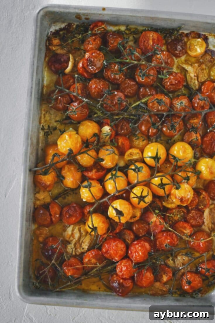 Sweet Roasted Cherry Tomatoes 9 Perfectly roasted cherry tomatoes with garlic and herbs, showcasing a beautiful golden-brown caramelization.