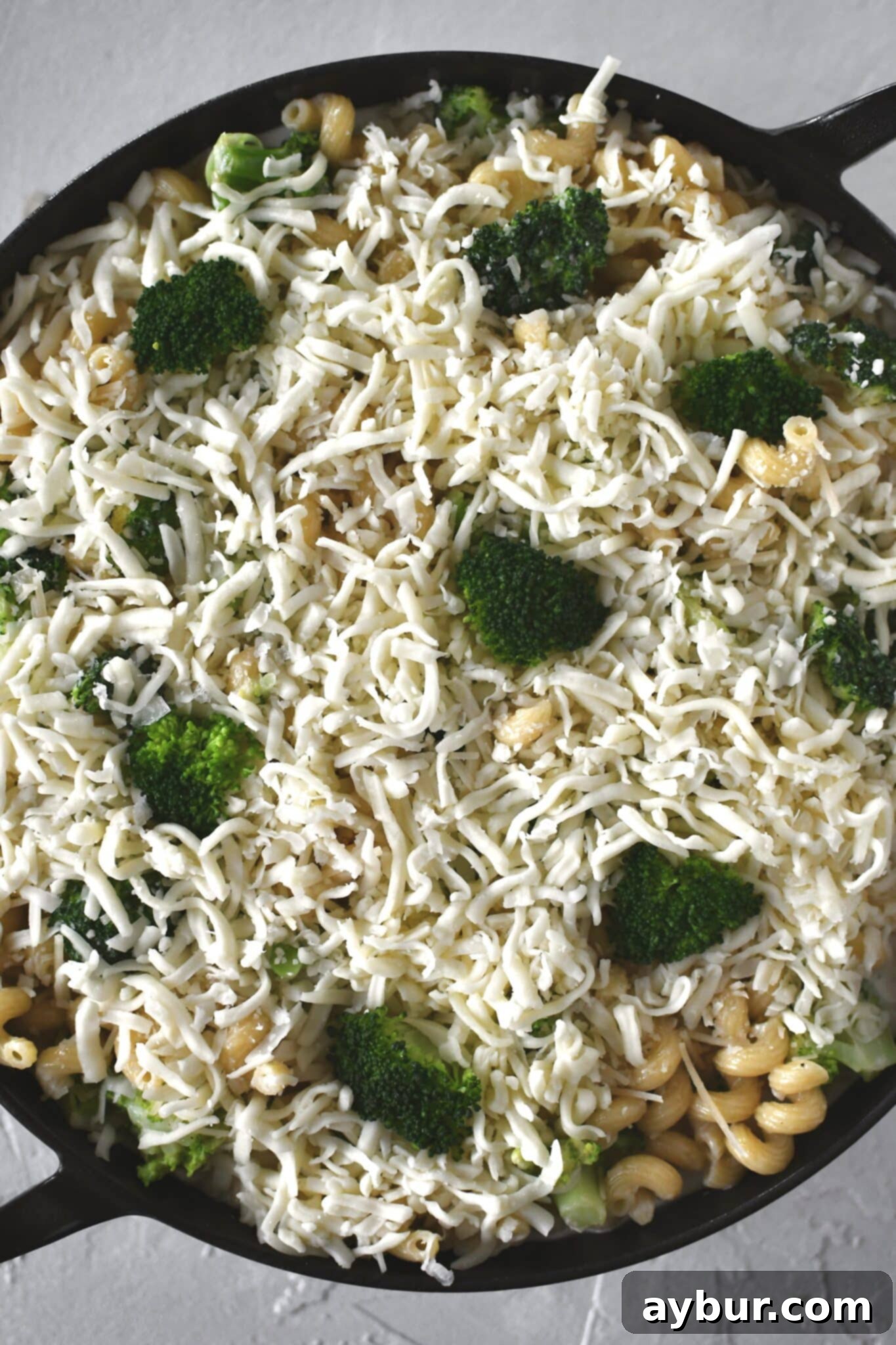 Tossed pasta and broccoli in sauce placed in the baking dish and topped with parmesan and mozzarella cheese.
