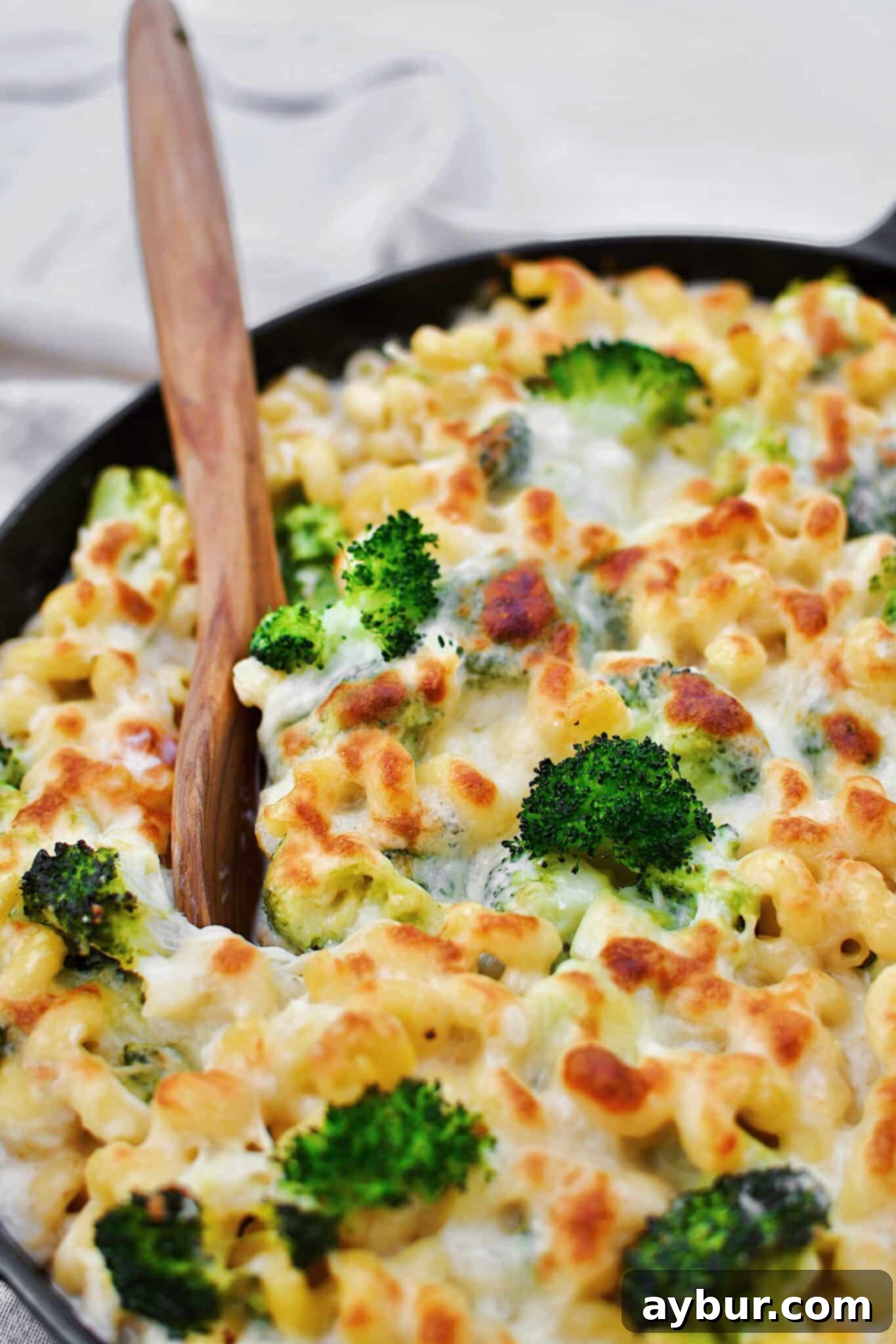 Alfredo Broccoli Pasta in the baking dish after baking to golden brown, spooning some out.
