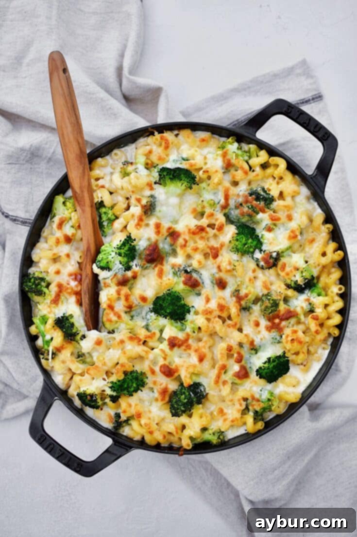 Alfredo Broccoli Pasta in the baking dish after baking to golden brown, spooning some out.