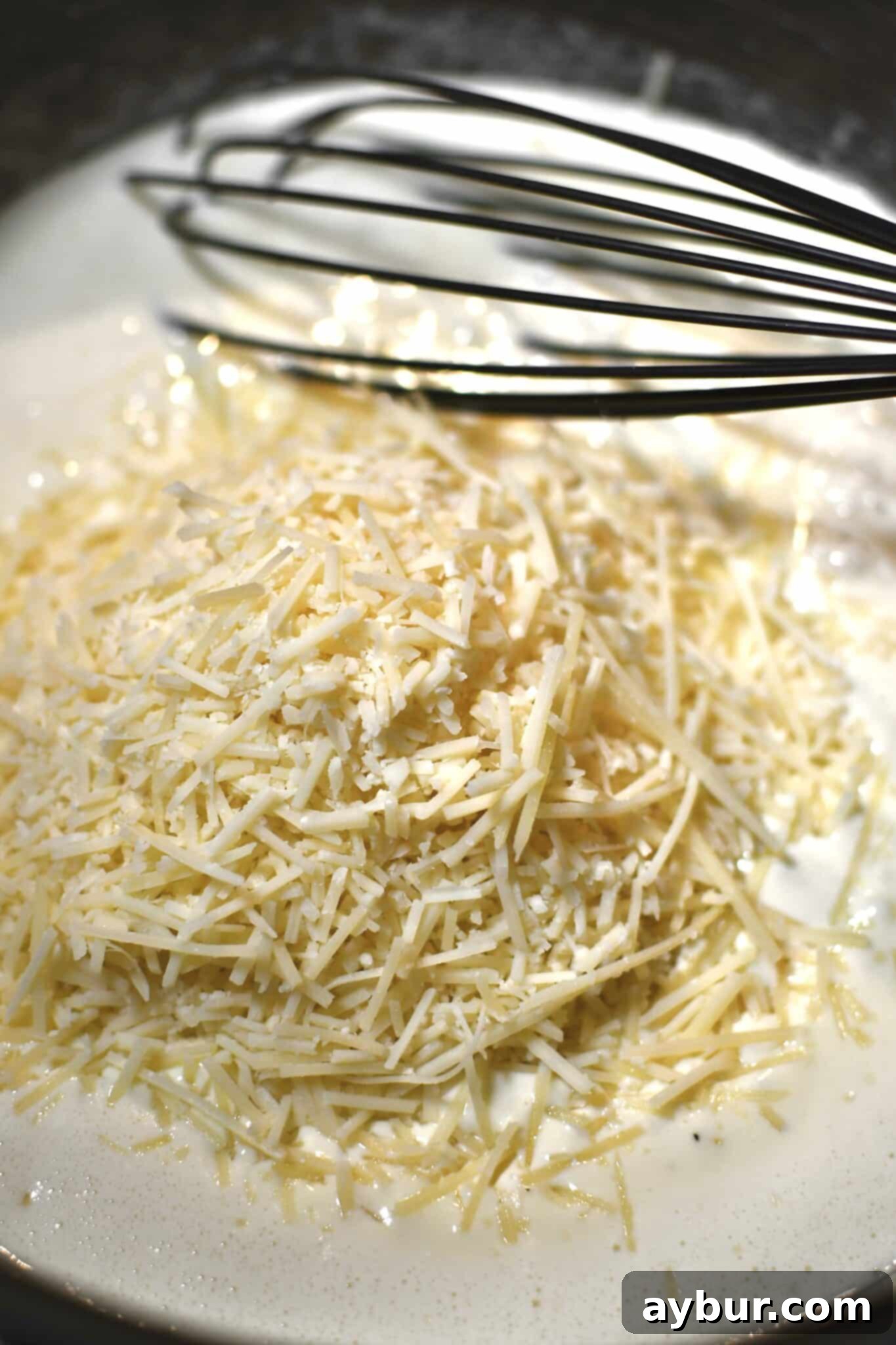 Adding the parmesan cheese to reduced cream.