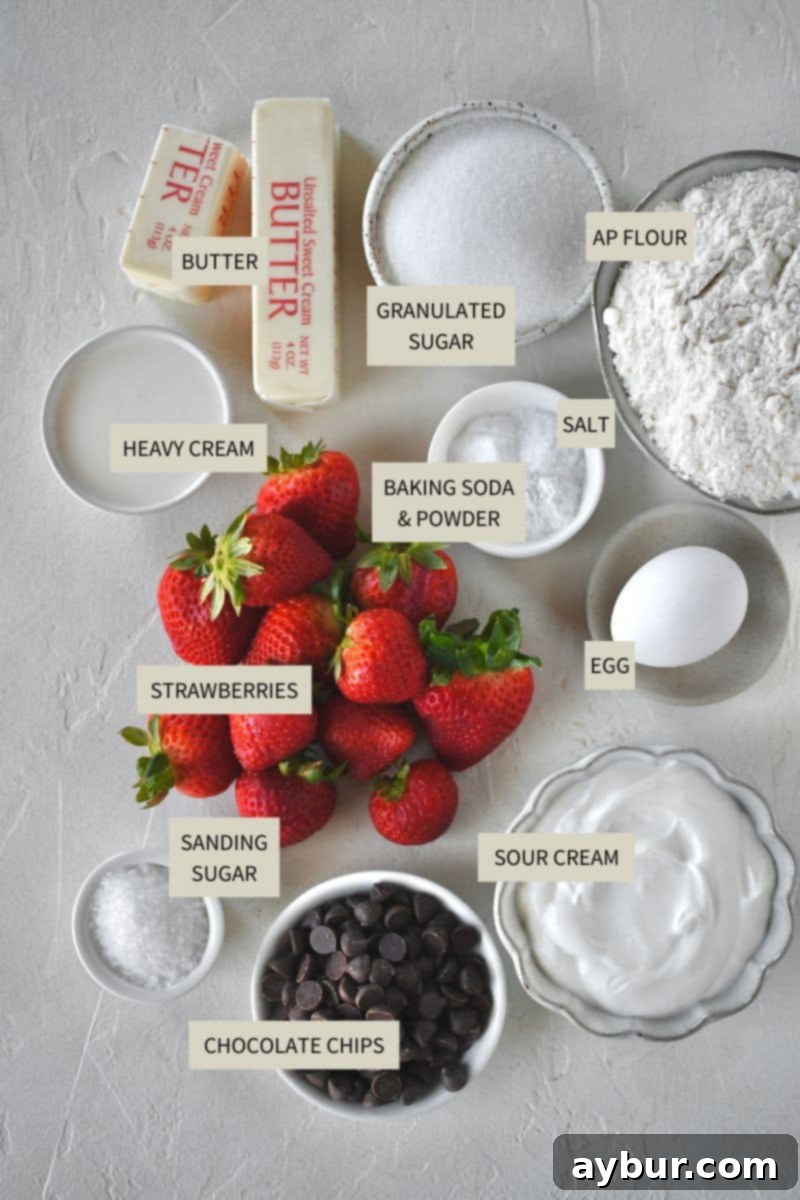 Various scone ingredients laid out, including flour, sugar, butter, strawberries, and sour cream.