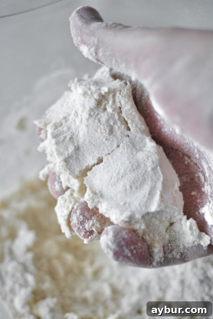 Cold, cubed butter being cut into the flour mixture in a stand mixer, forming coarse crumbs.