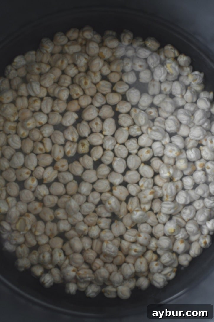 Creamy Homemade Hummus Perfection 4 Dry chickpeas placed in the bowl of an instant pot covered with 2 inches of water, salt added.