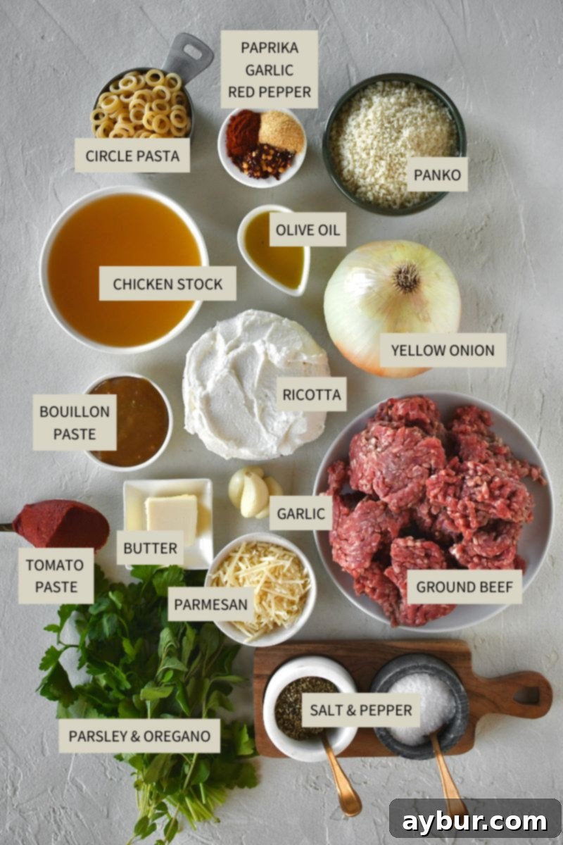 A flat lay of fresh ingredients laid out on a wooden board, including ground beef, ricotta, parmesan, herbs, onion, butter, garlic, tomato paste, chicken stock, pasta, and spices, all ready to make Homemade Spaghettios.