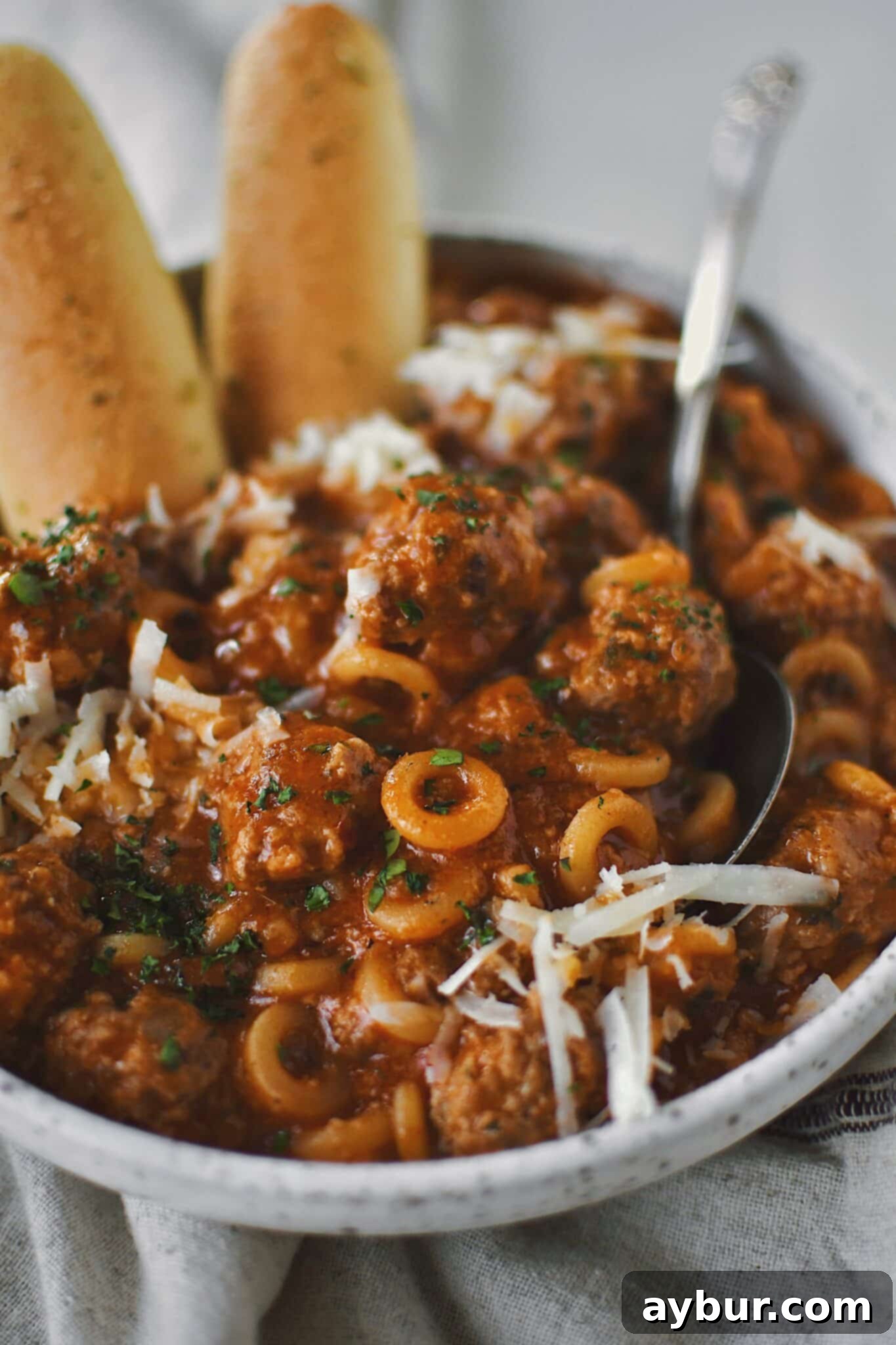 A beautifully presented bowl of Homemade Spaghettios with meatballs, garnished generously with extra cheese and fresh parsley, ready to be enjoyed.