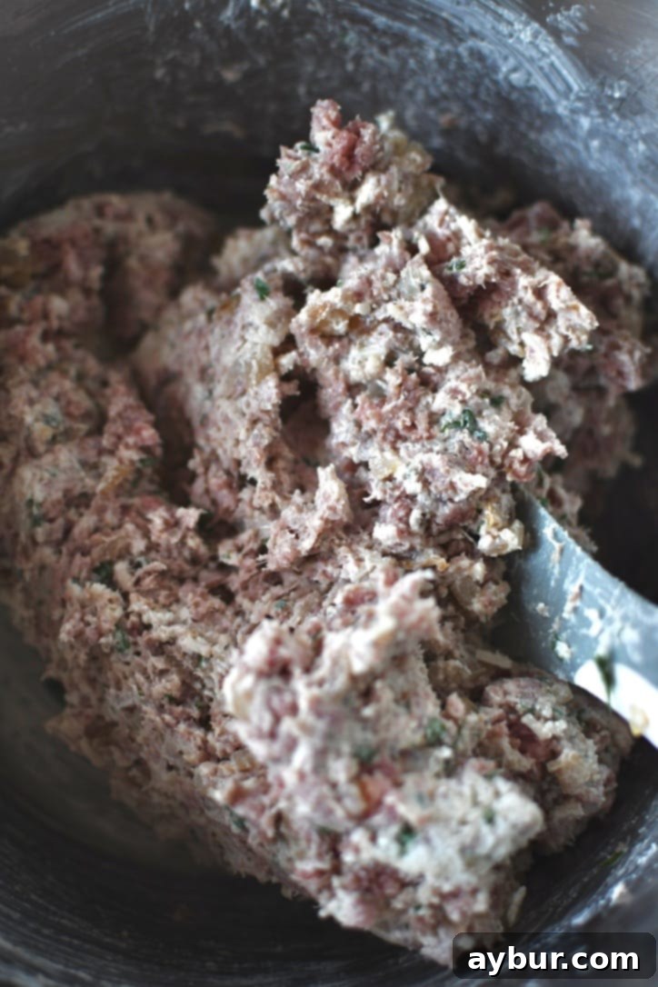 Ingredients for meatballs in a bowl all stirred together, forming a uniform mixture.