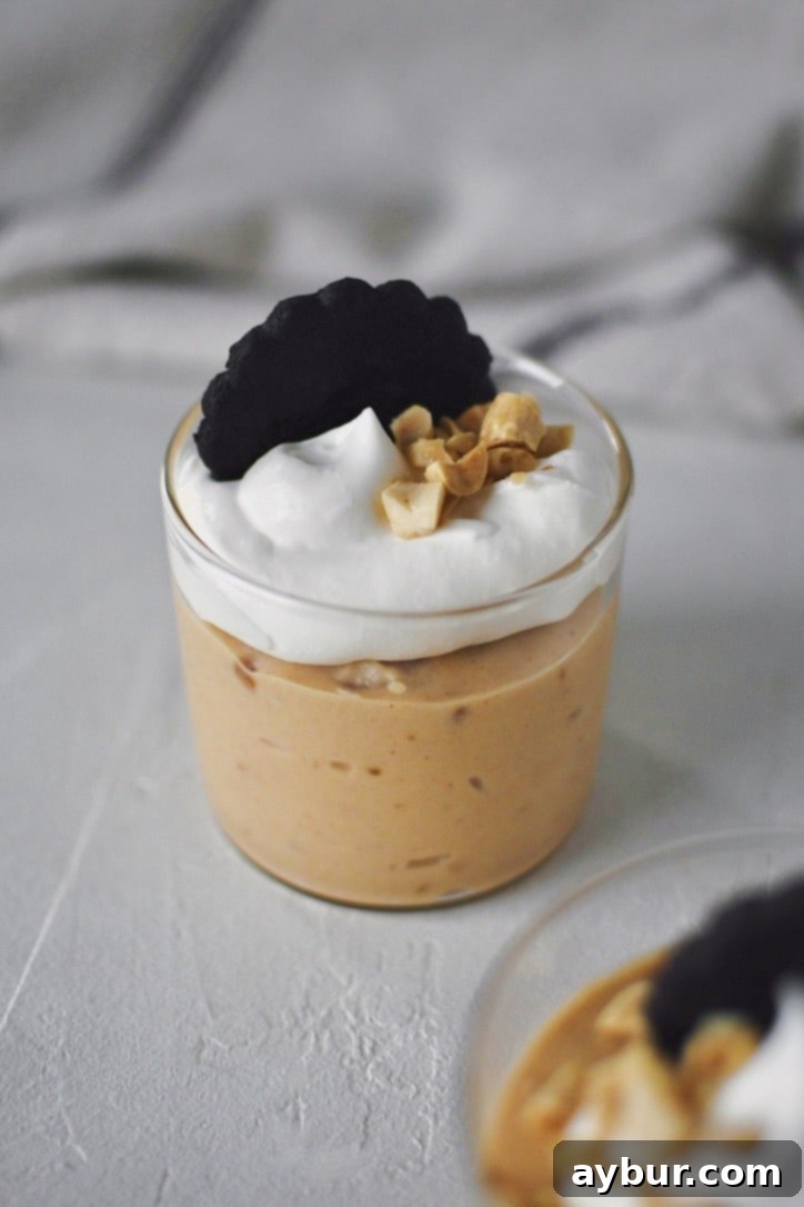 Peanut Butter Mousse in a small cup, topped with whipped cream, peanuts, and a chocolate wafer.