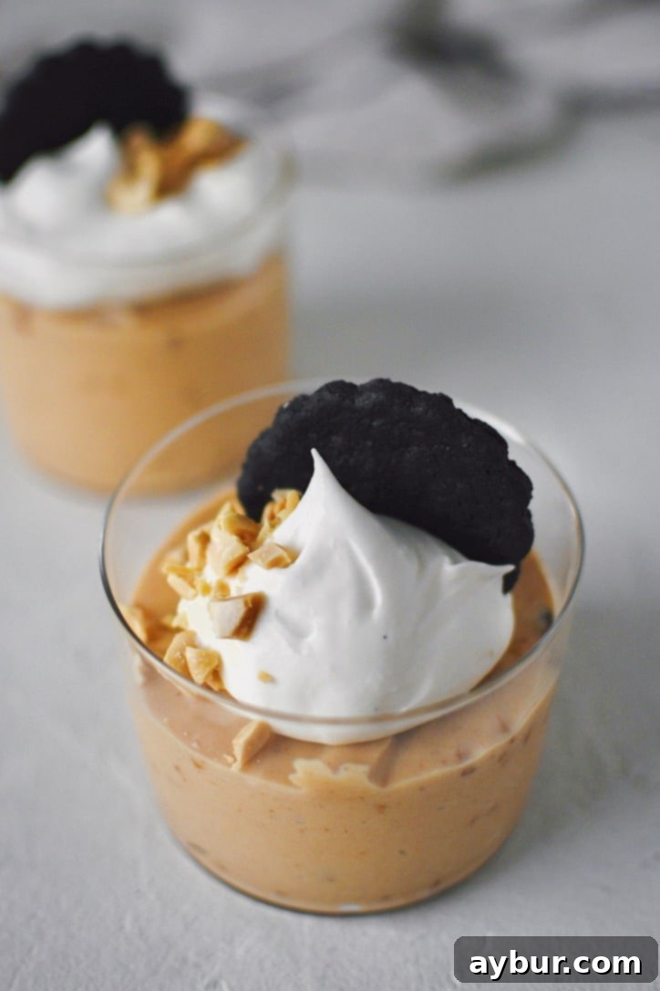 Peanut Butter Mousse in a small cup, topped with whipped cream, peanuts, and a chocolate wafer.
