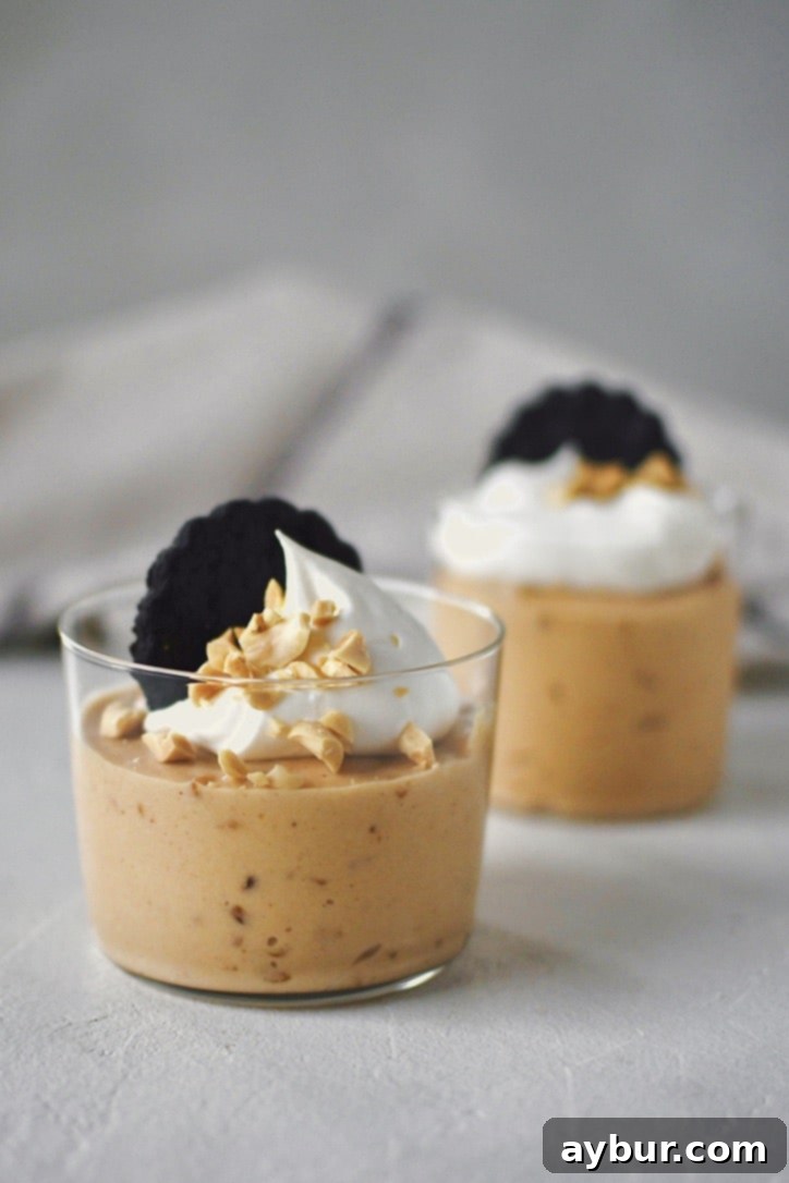 Peanut Butter Mousse in a small cup, topped with whipped cream, peanuts, and a chocolate wafer.