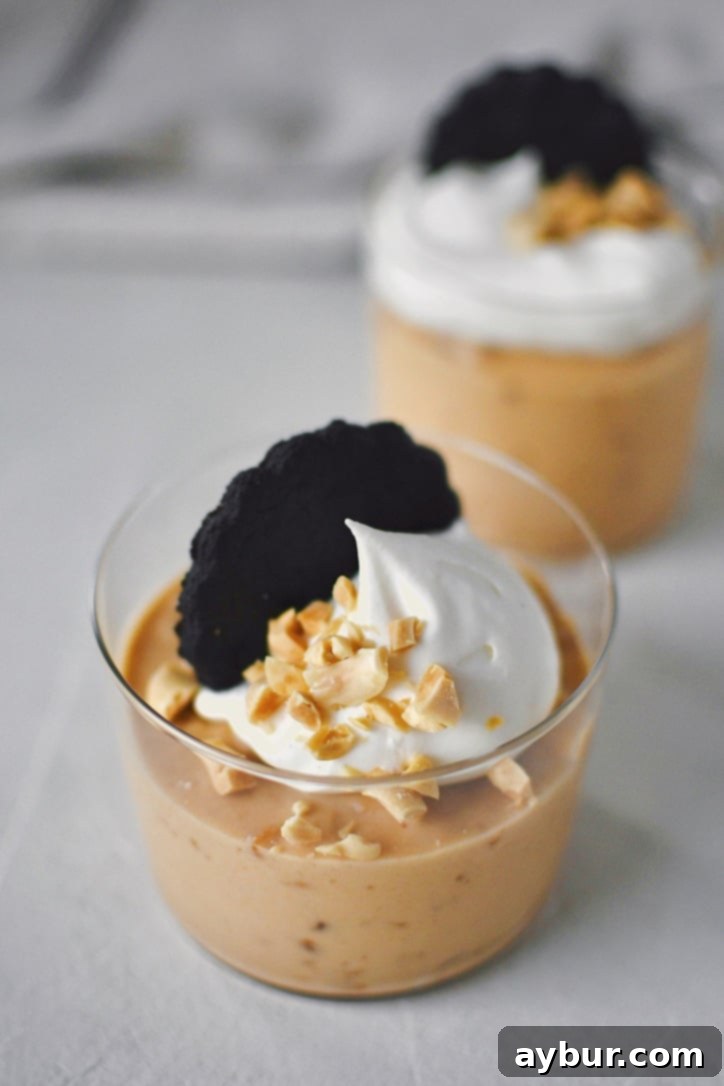 Peanut Butter Mousse in a small cup, topped with whipped cream, peanuts, and a chocolate wafer.
