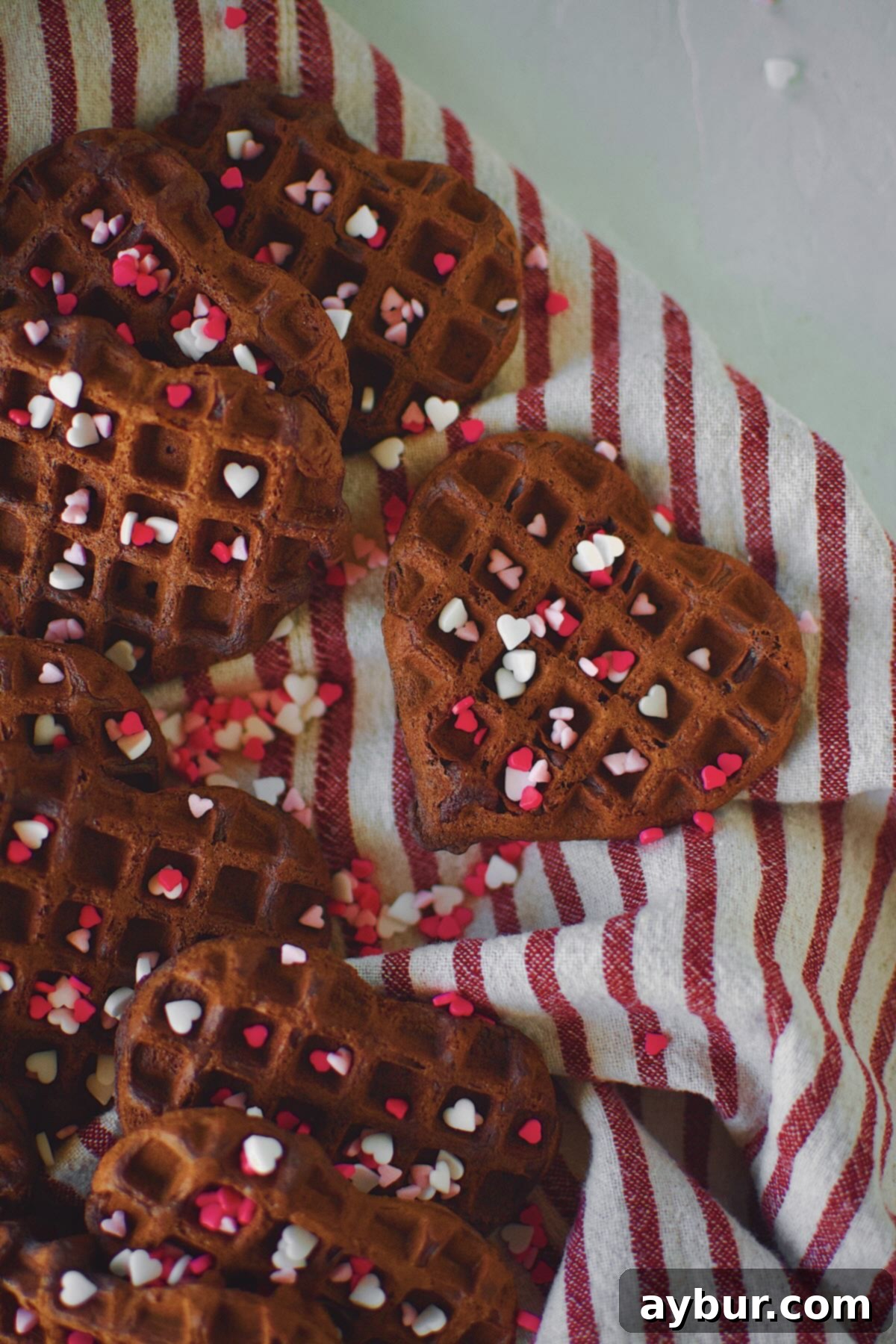 Red Velvet Waffles in the shape of hearts on a tray topped heart sprinkles.