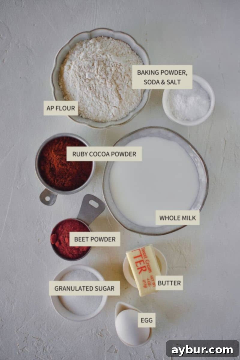 Ingredients needed to make Red Velvet Waffles.
