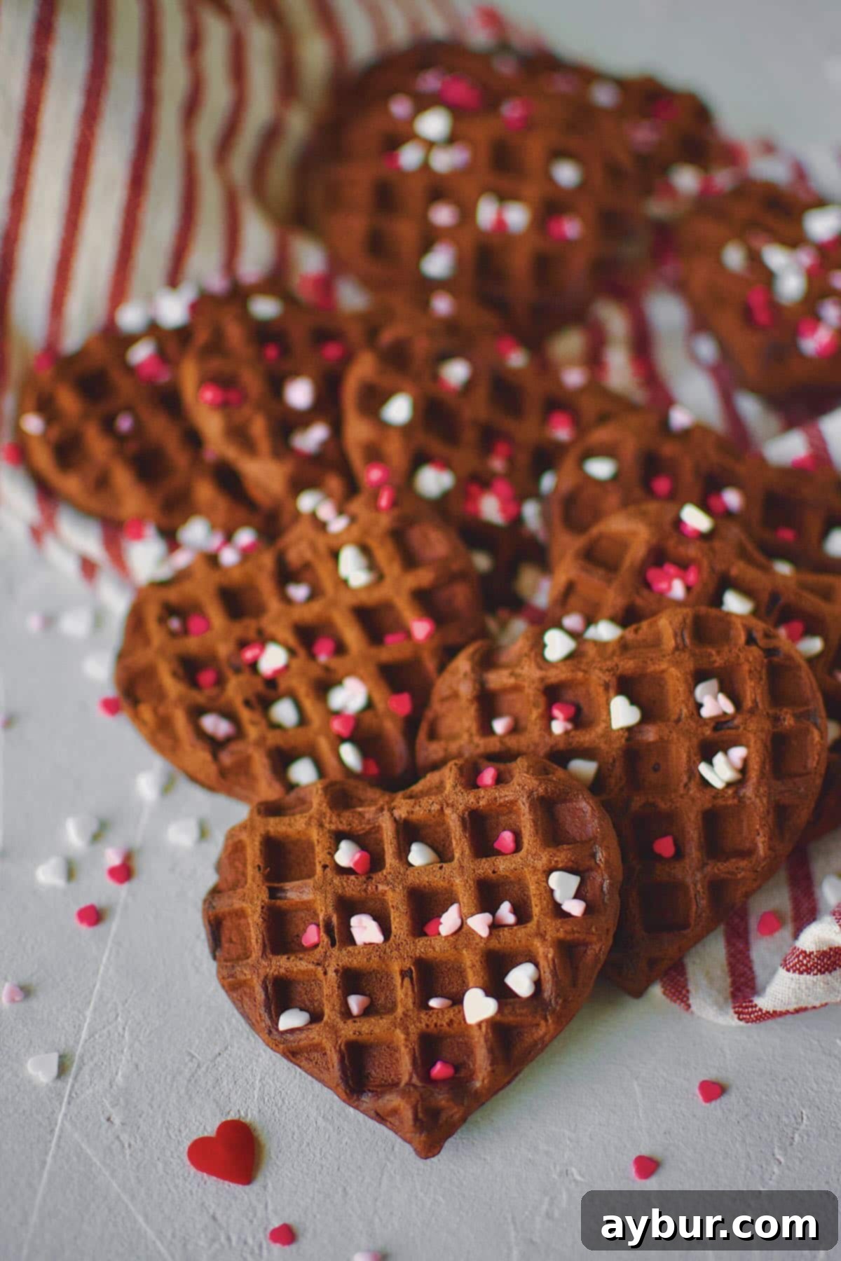 Red Velvet Waffles in the shape of hearts on a tray topped heart sprinkles.