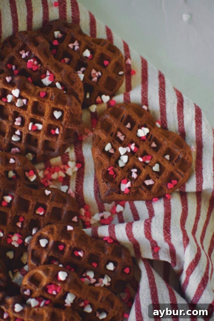 Red Velvet Waffles in the shape of hearts on a tray topped heart sprinkles.