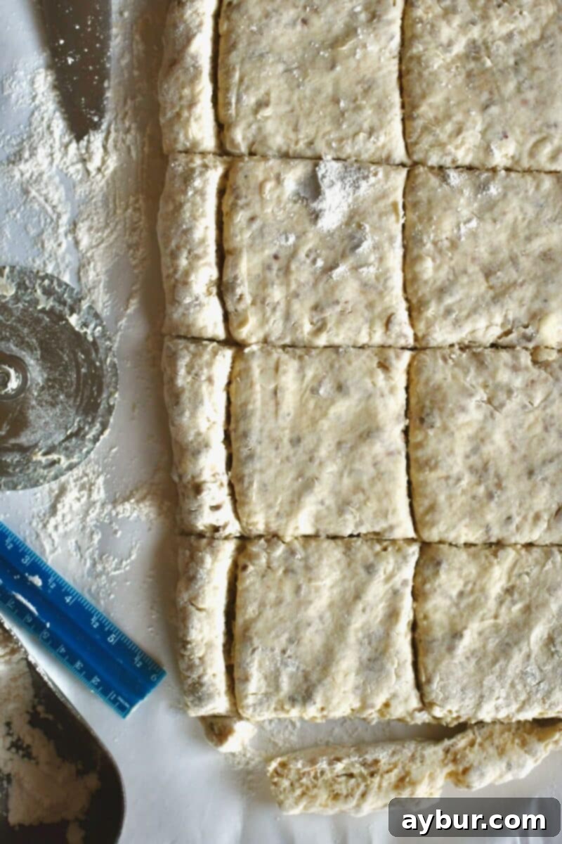Cut biscuit dough ready to chill and be baked with cheese and egg in it.