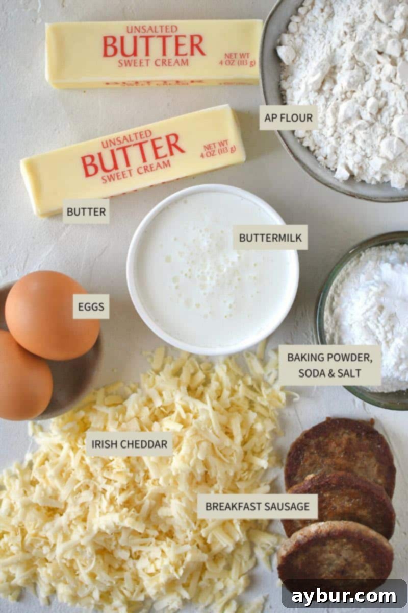Ingredients needed to make Sausage, Egg, and Cheese Biscuits.