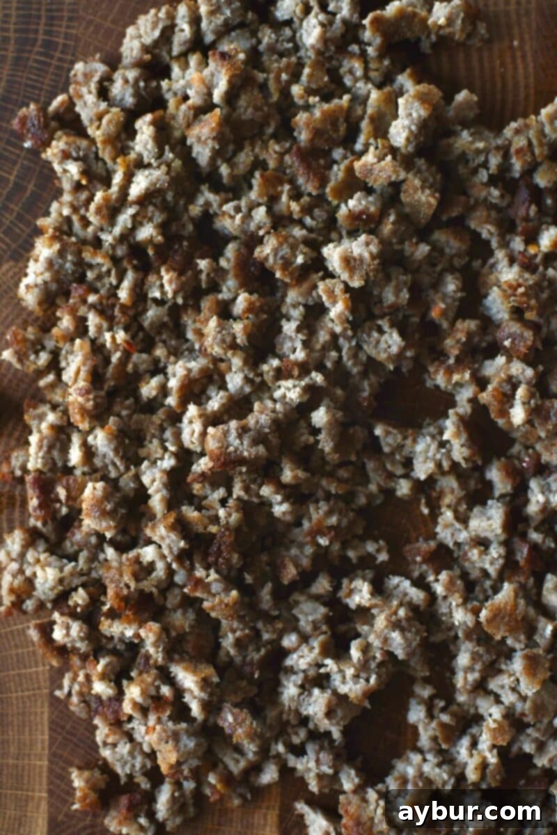 cooked and chopped breakfast sausage.