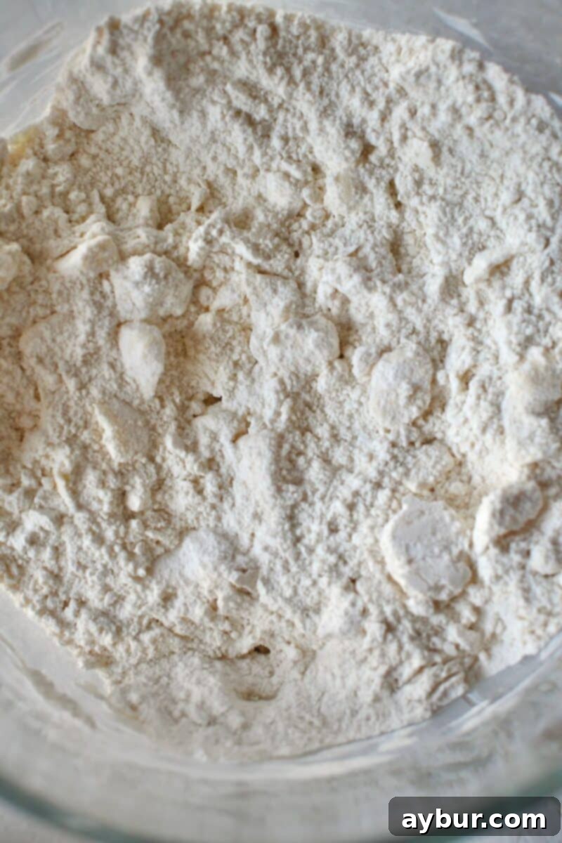 Flour and butter worked together to start biscuit dough.