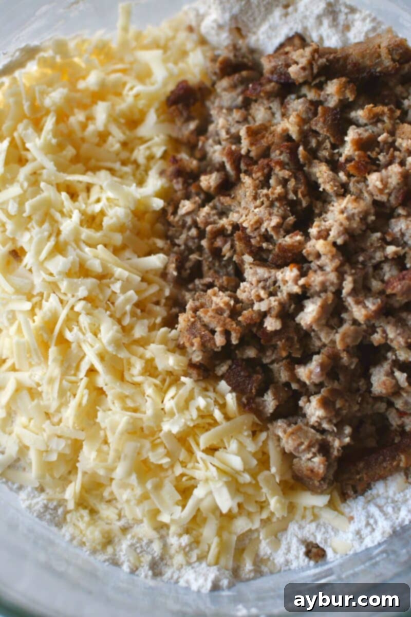 Adding irish cheddar and cooled breakfast sausage to the biscuit dough.