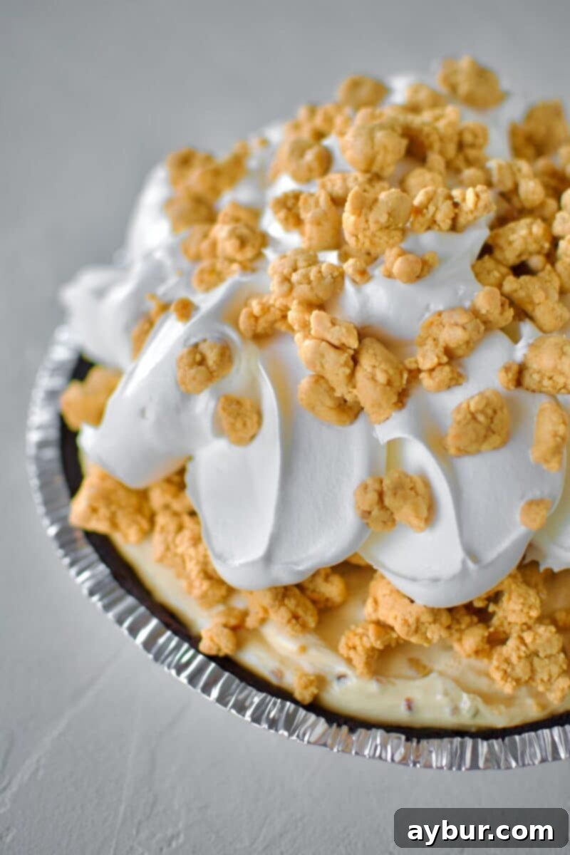 Peanut Butter Paradise Pie 11 The final touches on the pie, with more peanut butter crumble sprinkled over the Cool Whip, creating a beautifully textured and delicious dessert.