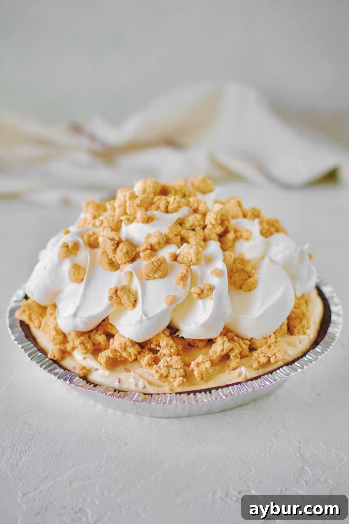 Peanut Butter Paradise Pie 13 Another enticing shot of the finished No-Bake Peanut Butter Pie, showcasing its golden crumble and inviting texture, ready to be devoured.